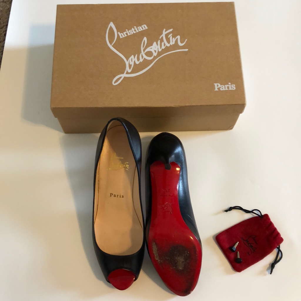 Louboutin Size 37.5 Black W Red Peep Toe ~ 3” Heel